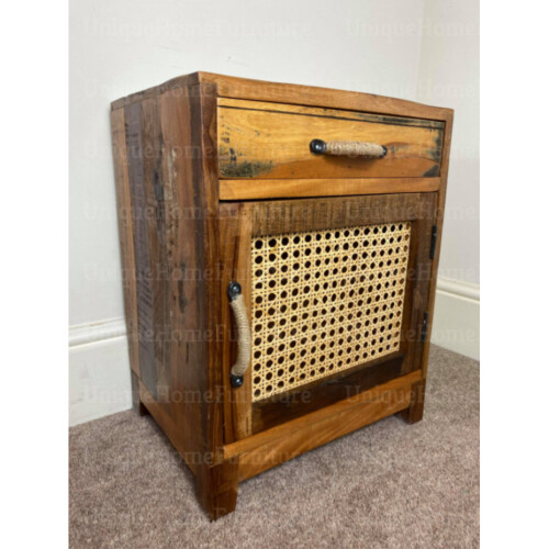 Rustic Bedside Table Rattan Storage Cabinet Vintage Solid Wood Nightstand Unit