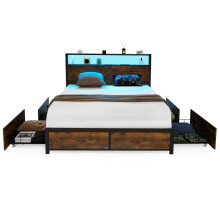 King Size Bed Frame Metal Bed LED Lights Headboard & 4 Storage Drawers