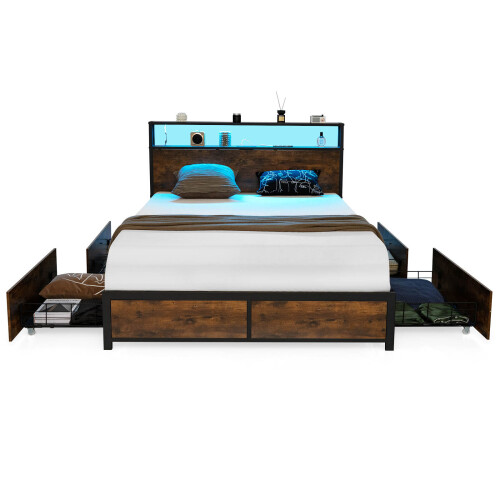 Costway King Size Bed Frame Metal Bed LED Lights Headboard & 4 Storage Drawers