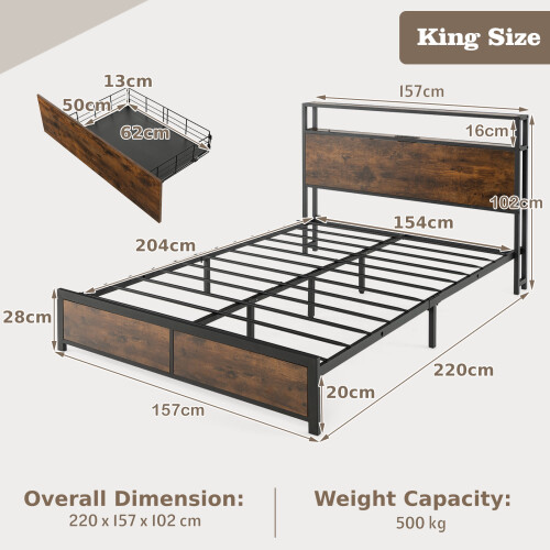Costway King Size Bed Frame Metal Bed LED Lights Headboard & 4 Storage Drawers 1