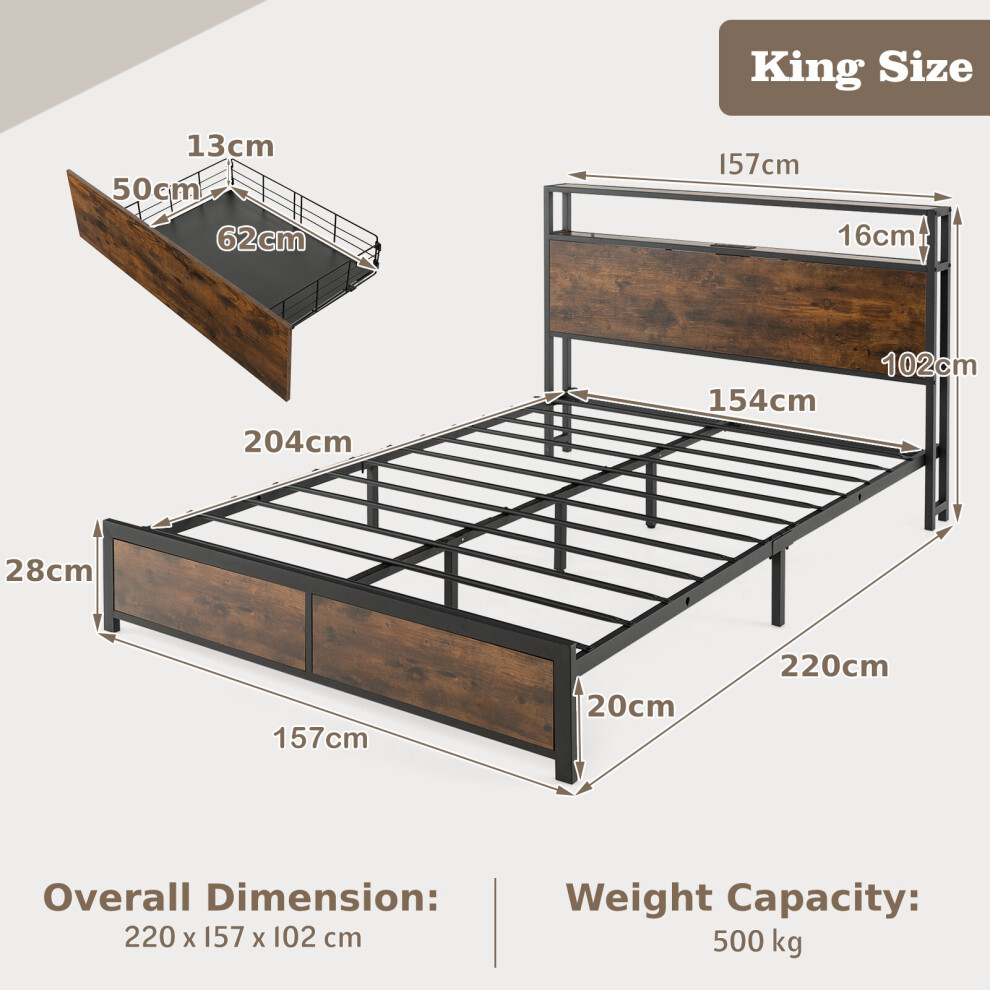 King Size Bed Frame Metal Bed LED Lights Headboard 4 Storage