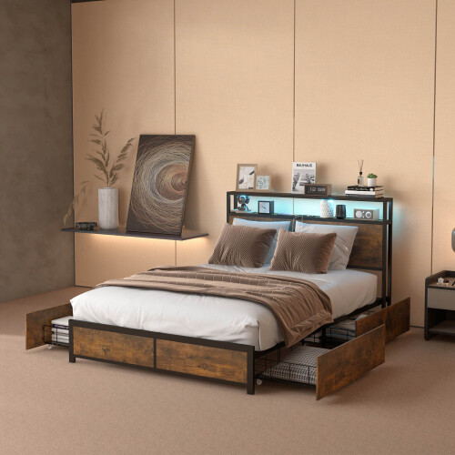 Costway King Size Bed Frame Metal Bed LED Lights Headboard & 4 Storage Drawers 2