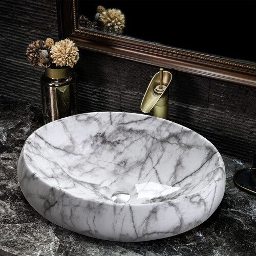 Living And Home Modern Oval Marble Bathroom Vessel Sink