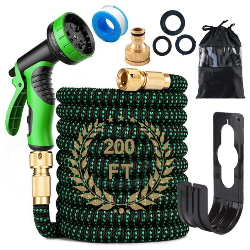 (200Ft+10 Mode) Expandable Garden Hose Flexible Water Pipe 10 Pattern Spray Gun Green