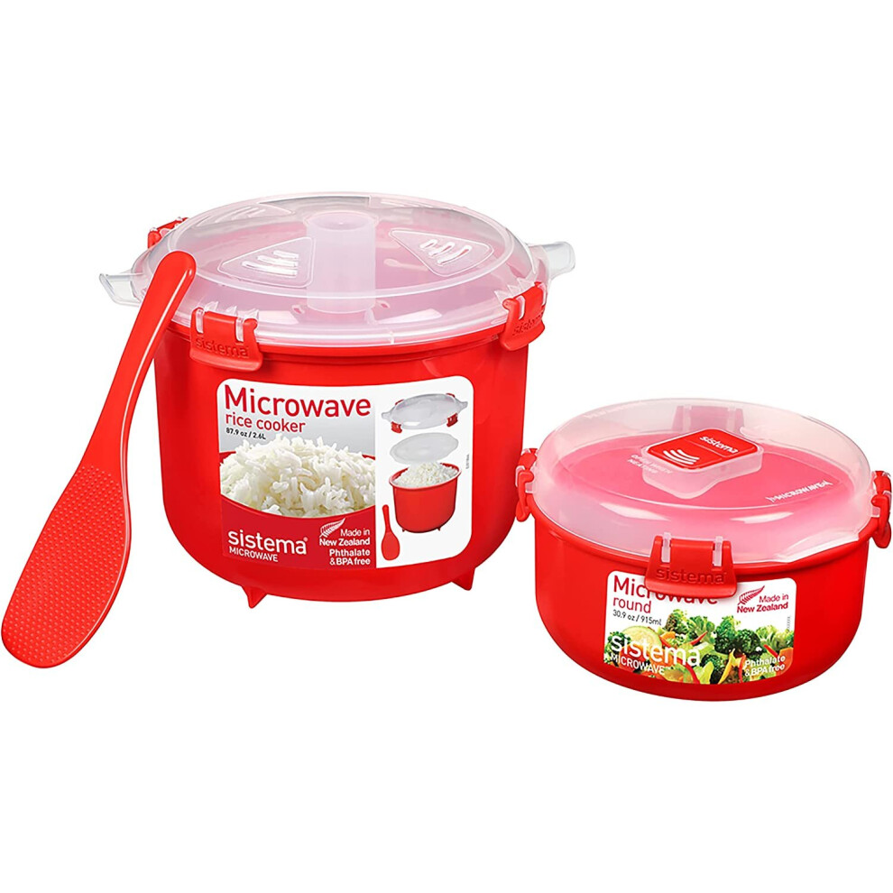 Sistema Microwave Rice Cooker (2.6L) & Round Microwave Food Container (915ml) Set | Food Containers with Steam-Release Vents | BPA-Free