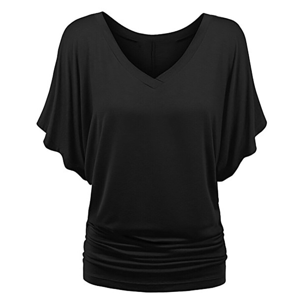 (Black, Tag Size L=UK Size 10) Women T Shirt V Neck Tops Ladies Bohemian Short Sleeve Beach T-shirt Casual