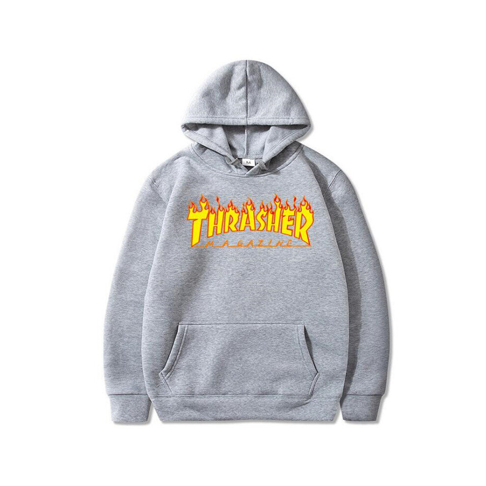 (Gray, XL) Plus Size Mens Hooded Fashion Flame Print Sweatshirt Casual Pullover Sweater 