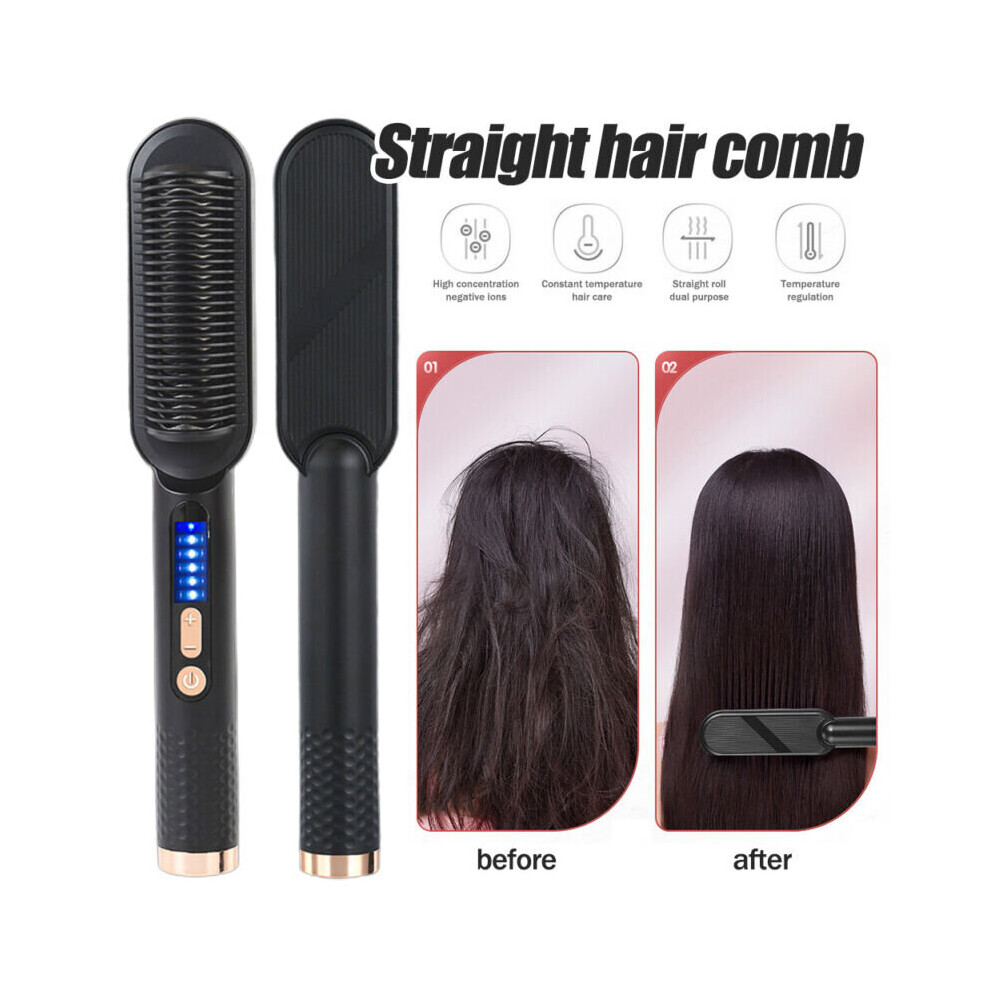 Black Led Negative-Ion Hair Straightener Brush Straightening Curling Styling Comb