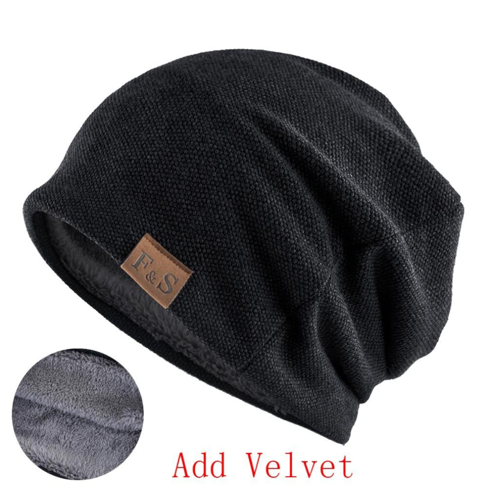 ( Black Add Velvet) Fashion Bonnet Hat For Men And Women Autumn Knitted Solid Color Soft Turban Hats Hip Hop Beanie