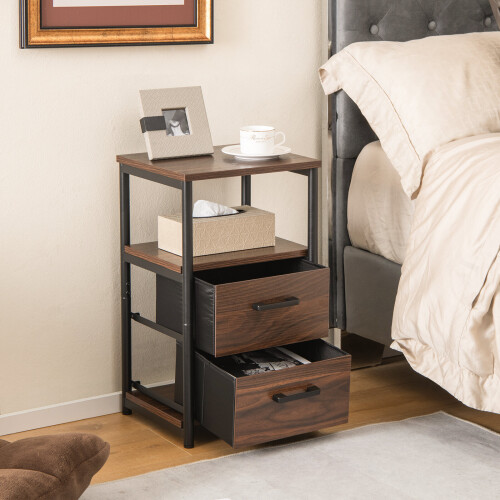 Costway Industrial Nightstand Bedside End Table with 2 Fabric Drawers &Storage 2