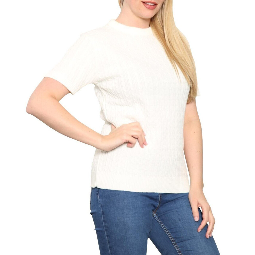(Cream, XL 16-18) Ladies Women's Knitted Short Sleeve Top Sweater Crew Neck Short Sleeve Jumper UK 8-22