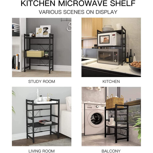 3 Tiers Expandable Microwave Oven Rack with 6 Hooks Kitchen Storage Organiser 2