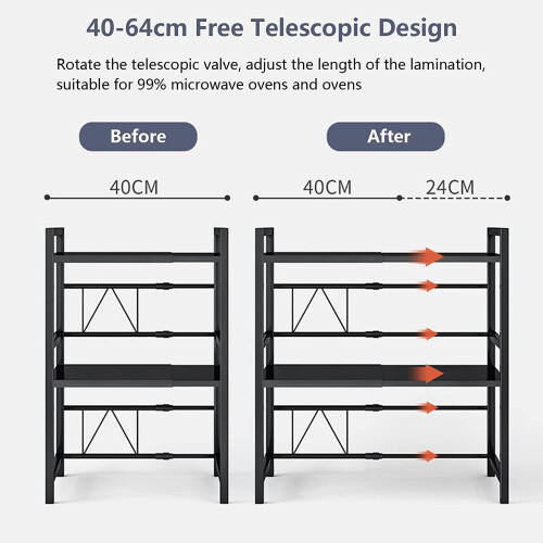 3 Tiers Expandable Microwave Oven Rack with 6 Hooks Kitchen Storage Organiser 1