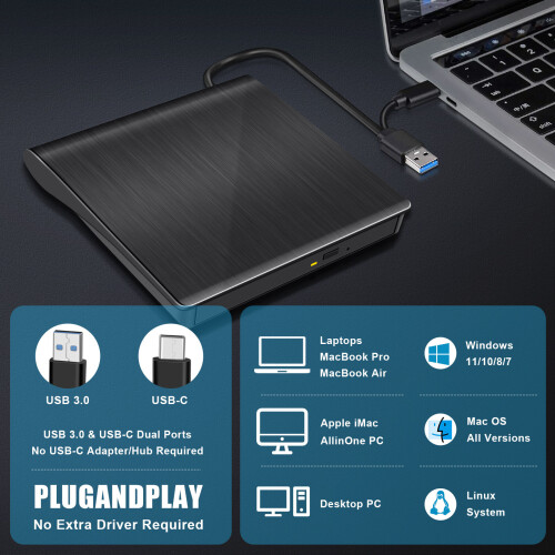 External CD/DVD Drive for Laptop,USB 3.0 Ultra-Slim Portable,CD Burner External Disk Drive Optical Compatible with Desktop Mac,Windows 11/10/8/7 Linux 2