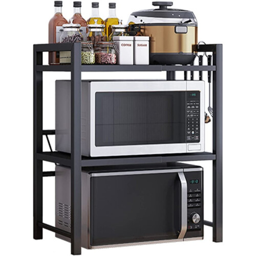 3 Tiers Expandable Microwave Oven Rack with 6 Hooks Kitchen Storage Organiser