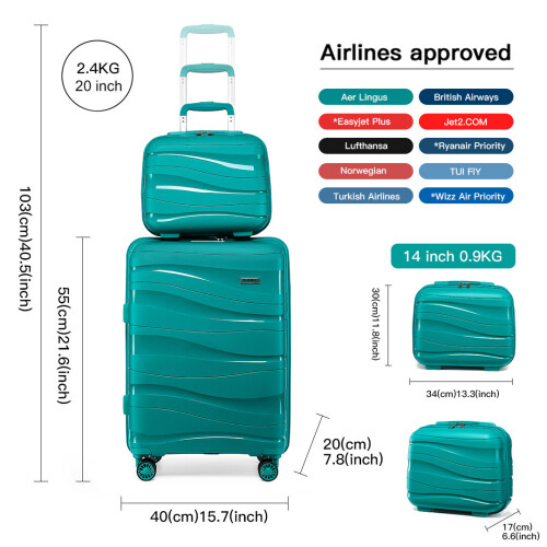 (Blue, 14/20 inch) One Or Four Pieces Lightweight PP Hard Shell Suitcase With TSA Lock 1
