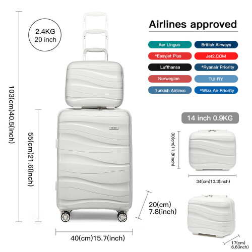 (White, 14/20 inch) One Or Four Pieces Lightweight PP Hard Shell Suitcase With TSA Lock 1