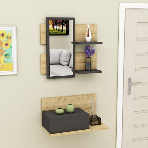 (Dark Grey & Oak) Alloro Dresuar with Drawer and Mirror 1