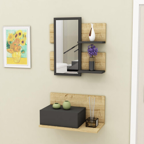 (Dark Grey & Oak) Alloro Dresuar with Drawer and Mirror 2