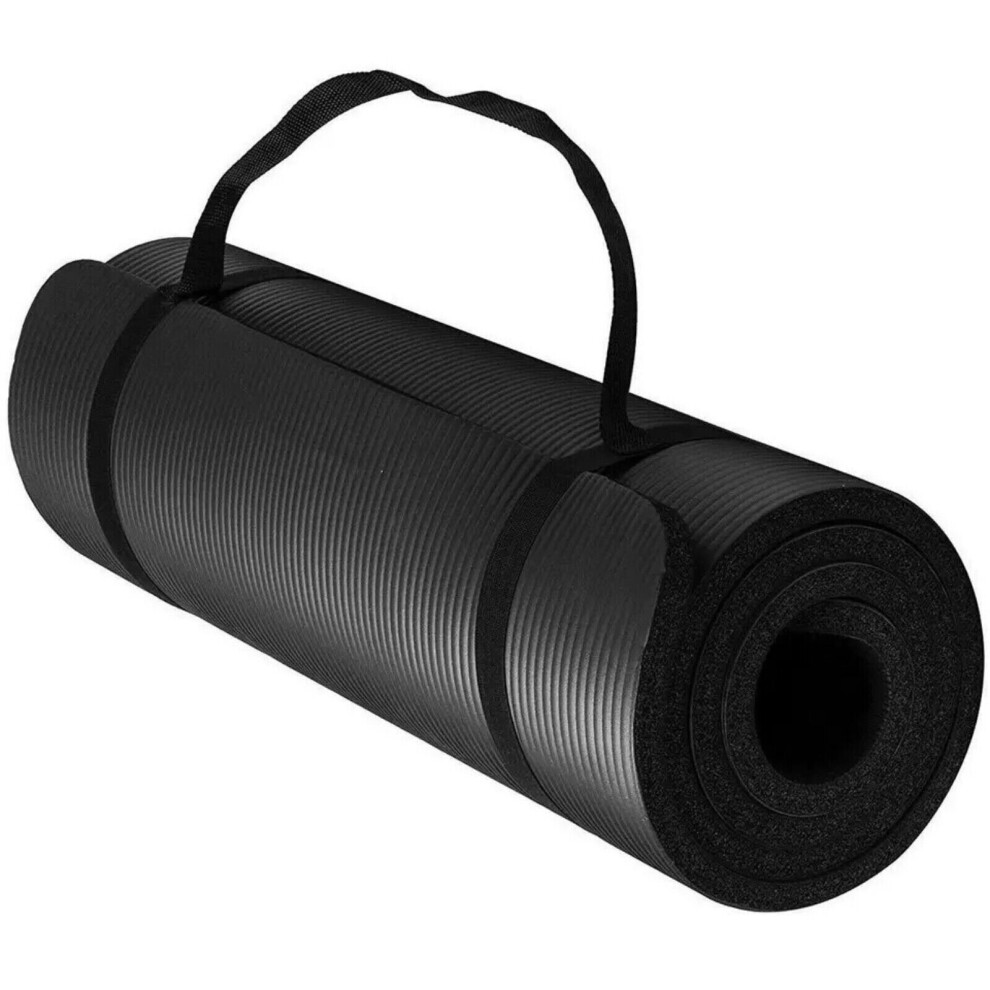 (Black) Yoga Mat 15mm Thick Durable Non Slip For Gym Exercise Fitness Pilates Workout