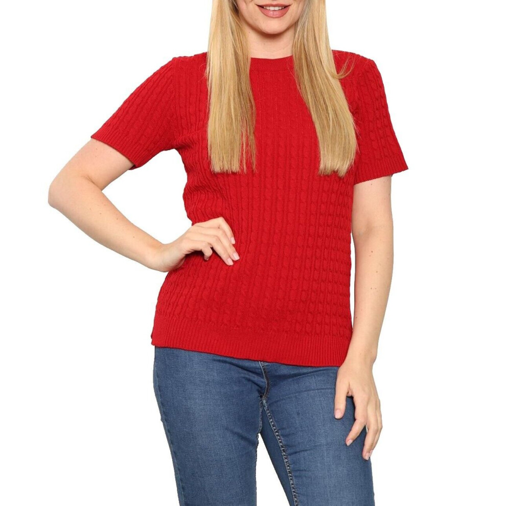 (Red, ML 12-14) Ladies Women's Knitted Short Sleeve Top Sweater Crew Neck Short Sleeve Jumper UK 8-22