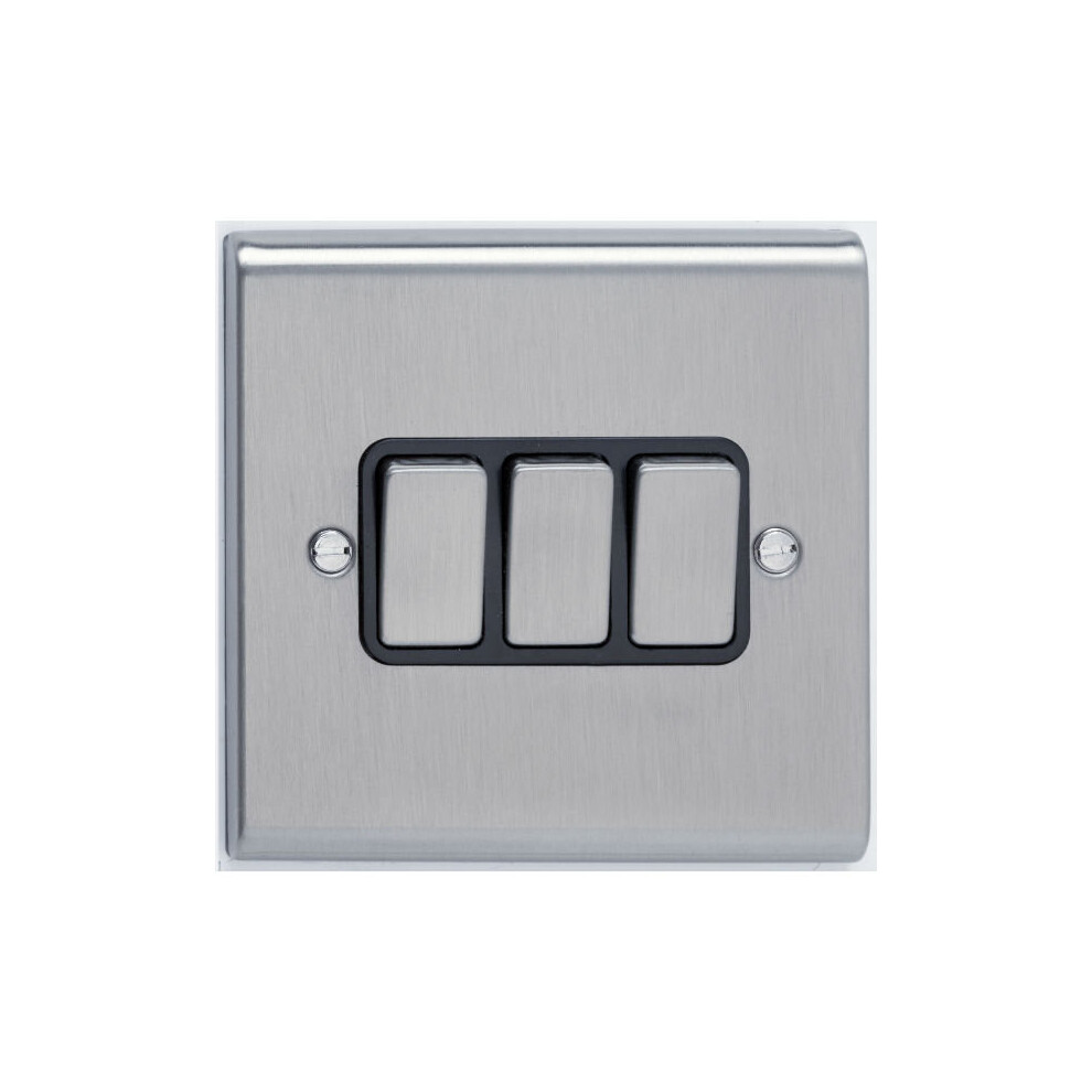 Deta SD1205SCB Light Switch 10A 3Gang 2Way (Satin Chrome/Black Insert)