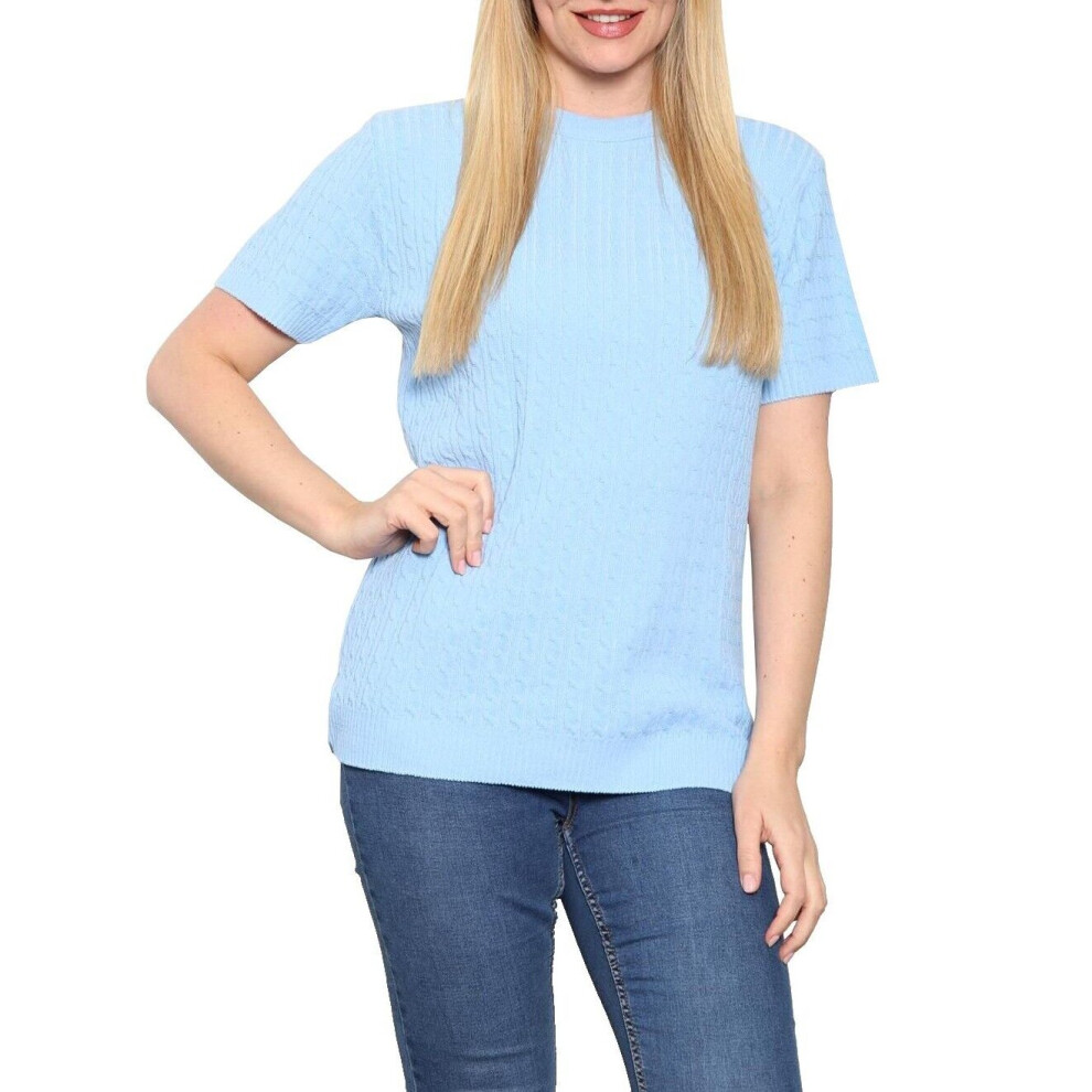 (Sky Blue, ML 12-14) Ladies Women's Knitted Short Sleeve Top Sweater Crew Neck Short Sleeve Jumper UK 8-22