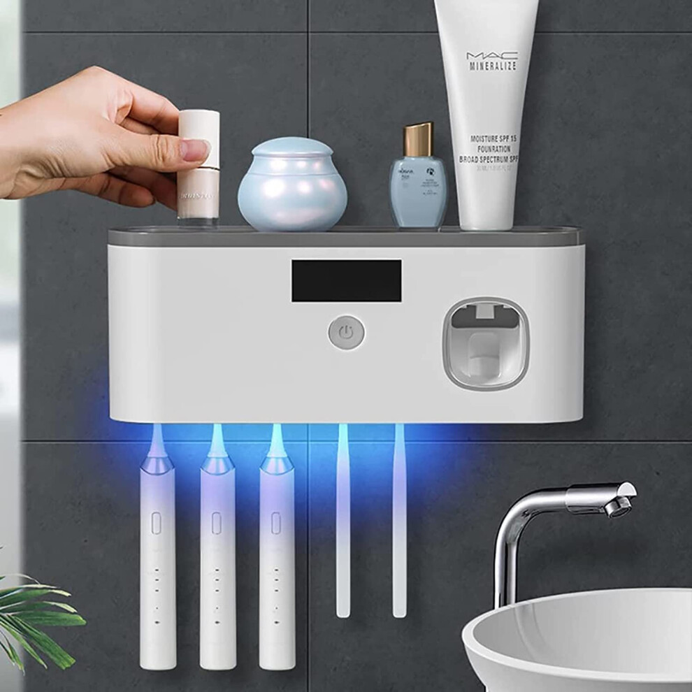 Wall Mount Toothbrush Holder with Toothpaste Dispenser, Rechargeable and No Drilling with 5 Toothbrush Slots