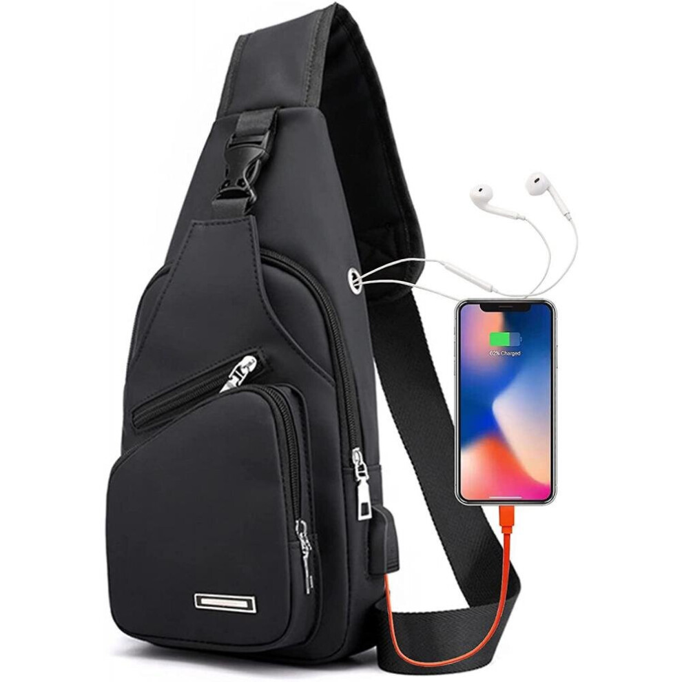 (Black) Sling Shoulder Bag Crossbody Backpack For Men Women Waterproof Hiking Daypack Multipurpose Cross Body Chest Bag With Usb Charger Port & Headphone Hole