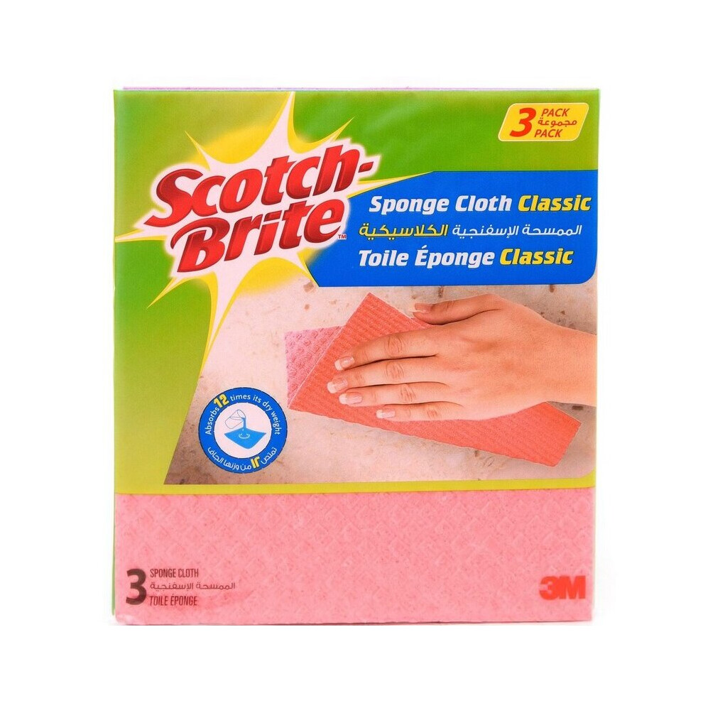 3M Scotch-Brite Classic Pink Sponge Cloths (3 Pieces) | Ultra-Absorbent, Durable Cleaning Cloths for Kitchen and Household Use, Machine Washable