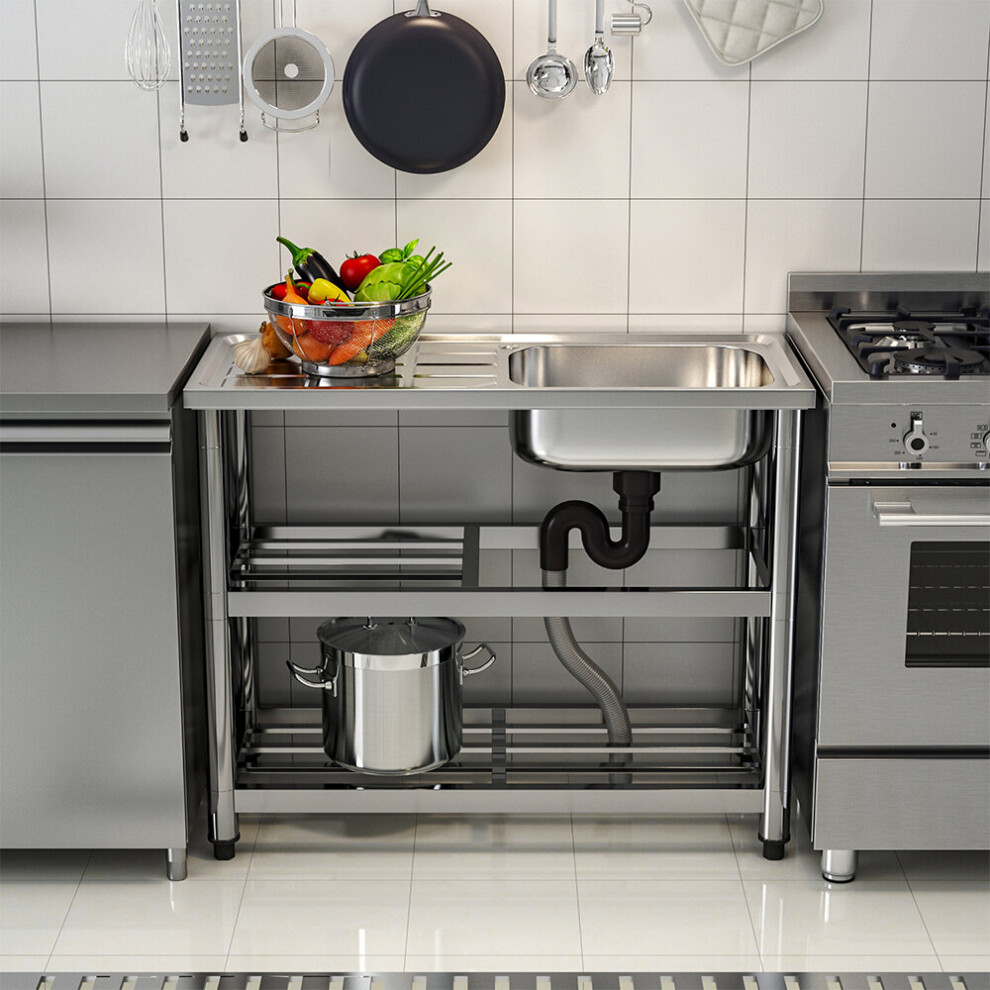 Stainless Steel One Compartment Sink with Drainboard and Shelf