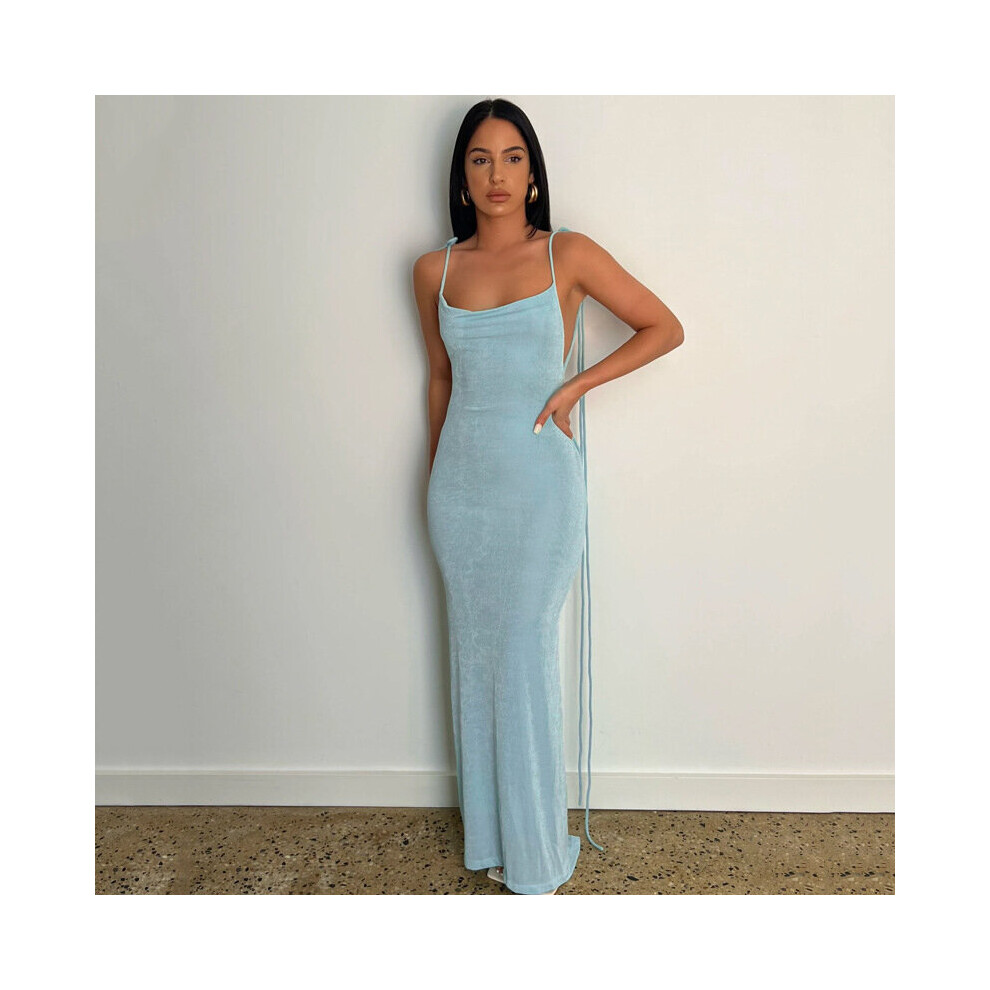 Women Summer Bodycon Open Back Dress Solid Halter Neck Sleeveless Wrap Long Dress Orange/White/Blue-image-OPC-PBQC7R2-NEW