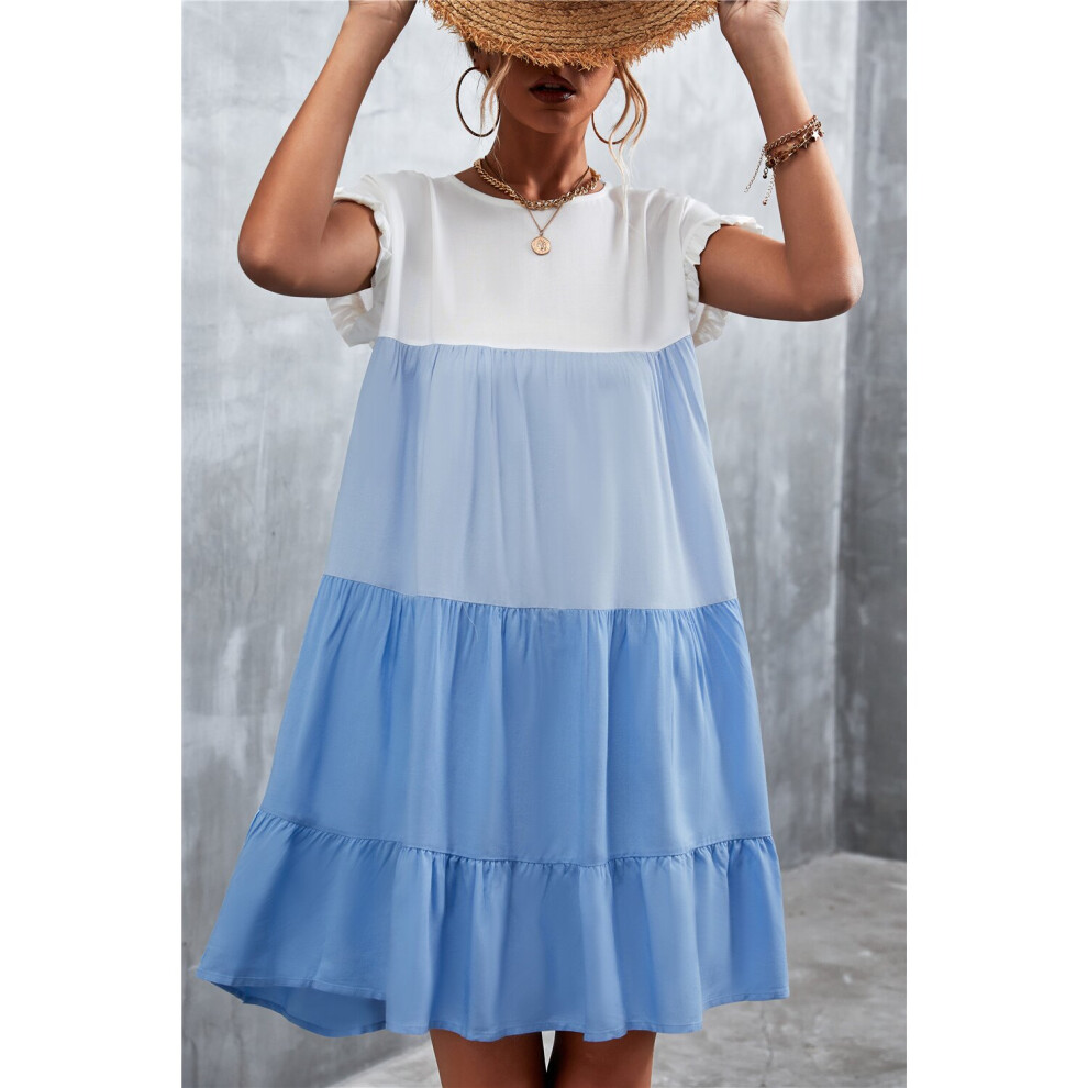 Summer Ruffles Short Sleeve O-neck Loose Dress Women Casual Patchwork Mini Vestidos Clothes-image-OPC-PBQC7WX-NEW