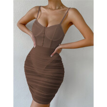 Women See-Through Patchwork Romper Dress Underwired Sleeveless Spaghetti Strap Ruched Slim Fit Dress Bodycon
