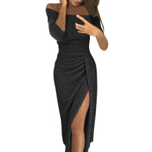Women's Sexy Side Split Midi Dresses Strapless High Slit Tight Dress Long Sleeve Dress Off Shoulder Party Strap Dress