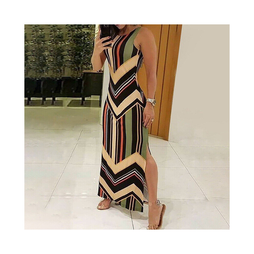 Colorful Striped Print Side Slit Maxi Dress Women Colorblock Sleeveless Slim Long Dresses-image-OPC-PBQCBGH-NEW