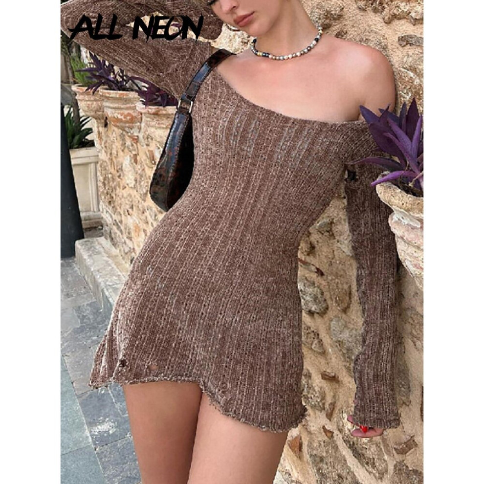 Fairycore Aesthetics Y2K Off Shoulder Ribbed Brown Sweater