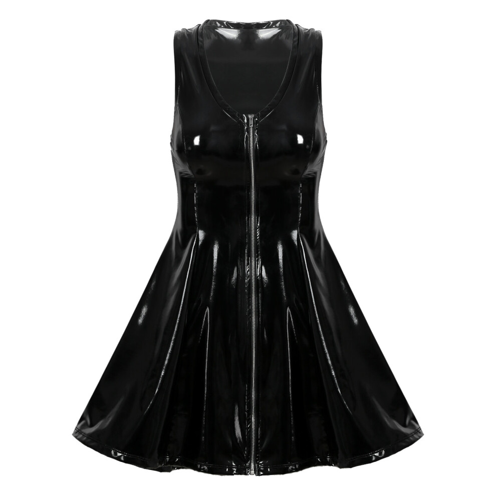 Multicoloured Sexy Womens Dress Clubwear Wetlook Latex Bodycon Costume Glossy V Neck Zipper Wet Look Patent Leather Sleeveless Flared Dresses