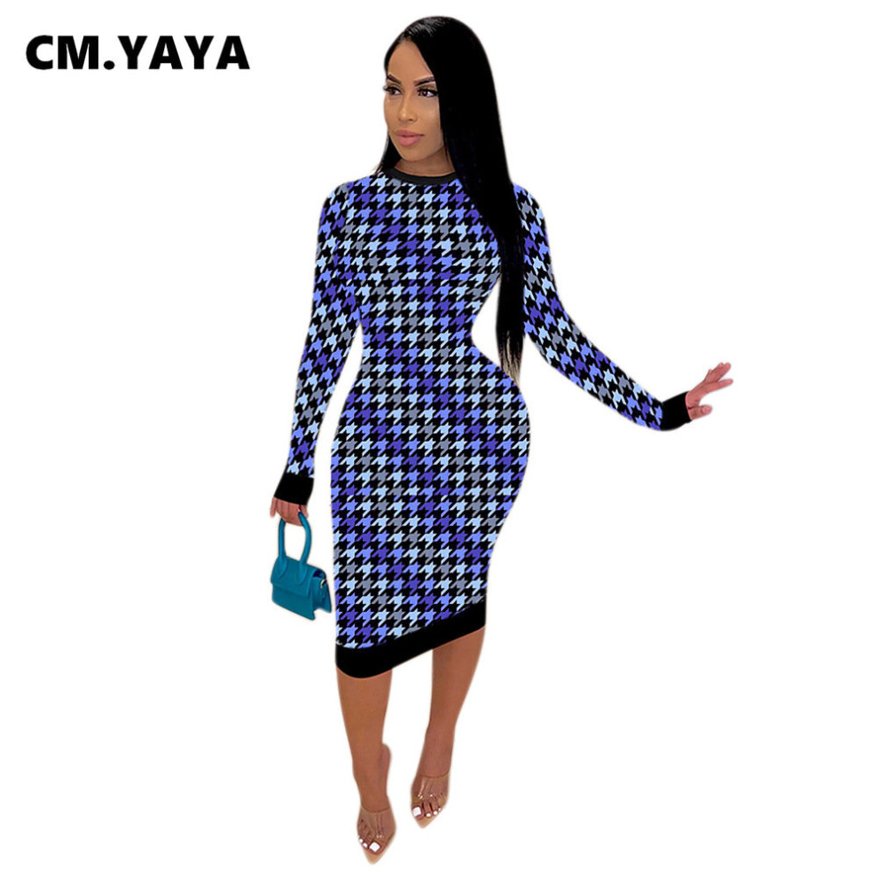 Houndstooth O-neck Midi Bodycon Dress for Women Sexy Club Party Nightwear Long Sleeve Knee Length Dresses-image-OPC-PBQCCMN-NEW