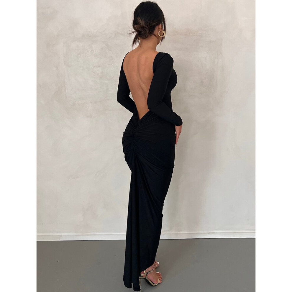 Dulzura Autumn Ruched Y2K Clothes Long Sleeve Backless O-Neck Bodycon Midi Dresses For Women Club Birthday Party-image-OPC-PBQCCRV-NEW