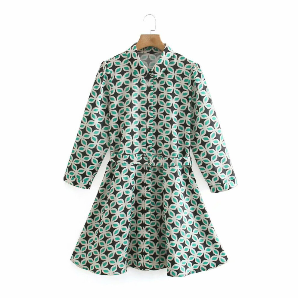 Zevity Women Vintage Floral Geometric Print Sashes Shirtwaist Dress Female Breasted Casual Kimono Mini Vestido DS8167-image-OPC-PBQCFSZ-NEW