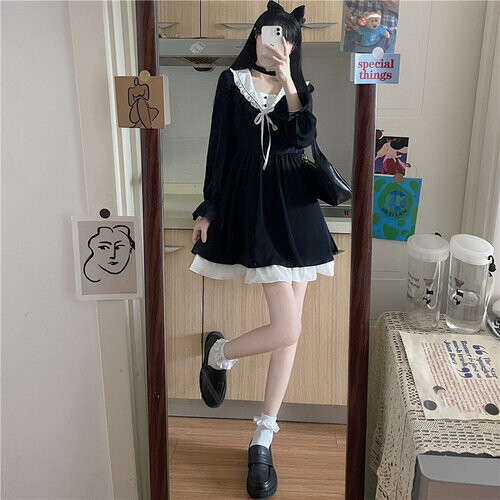 Vintage Gothic Lolita Dress Women Sweet Bow Square Collar Long Sleeve Midi Dress Female Preppy Style Party Vestidos on OnBuy