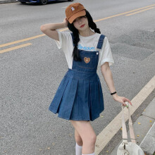 Gaganight Women Denim Suspender Skirt Spring Summer College Style Waist Slim Pleated Short Dresses Tees