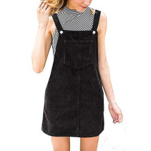 Women Corduroy Straight Suspender Mini Bib Overall Casual Pocket Dress Button Knee-length lovely Solid Dress