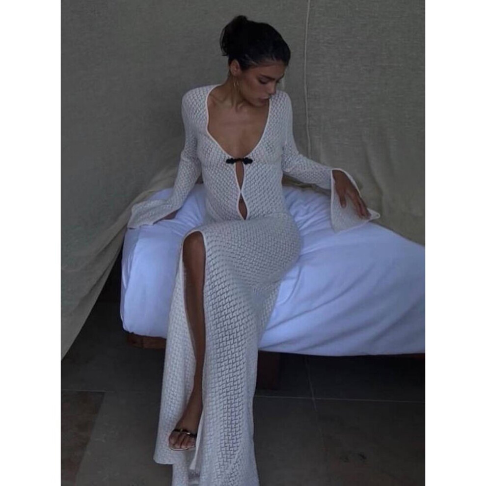 Cryptographic Summer Beach Holiday Knitted Maxi Dress Outfits for Women Party Club Long Sleeve See Through Dresses Hollow Out-image-OPC-PBQCGJW-NEW