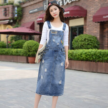 Women Suspenders Denim Dresses Spring Summer Ripped Hole Female Overalls Vintage Midi-Length Jean Dress Casual Clothes