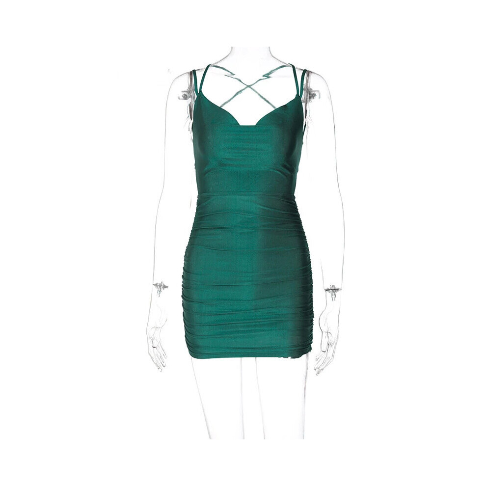 Solid Ruffled Ladies Off Shoulder Mini Dress Lace-up Shoulder Strap Backless Tight Bandage Party Club Slim Fit Streetwear-image-OPC-PBQCGNM-NEW