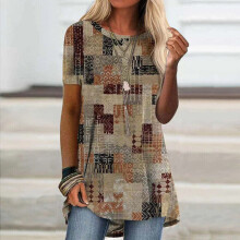 (Khaki, Tag Size 2XL=UK Size 16) Women Tunic Long Tops Summer Short Sleeve Blouse Ladies Plus Size Casual T Shirt