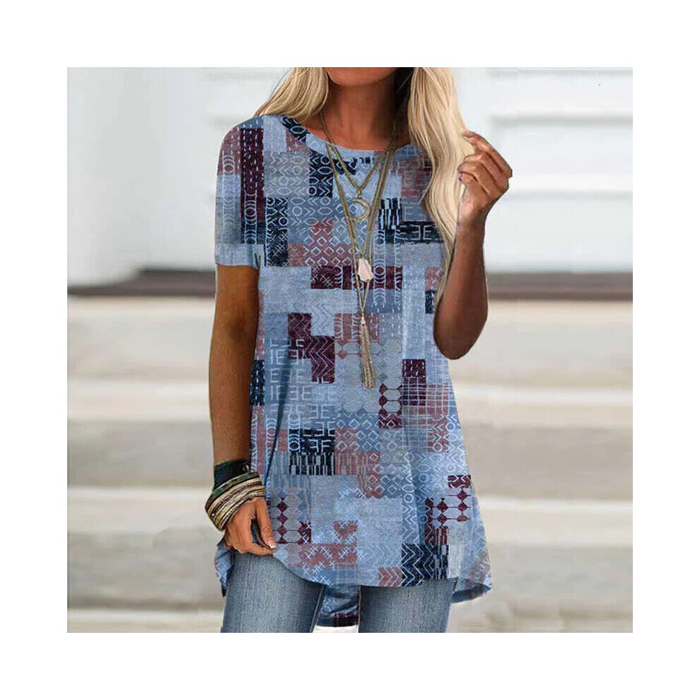 (Blue, Tag Size L=UK Size 12) Women Tunic Long Tops Summer Short Sleeve Blouse Ladies Plus Size Casual T Shirt