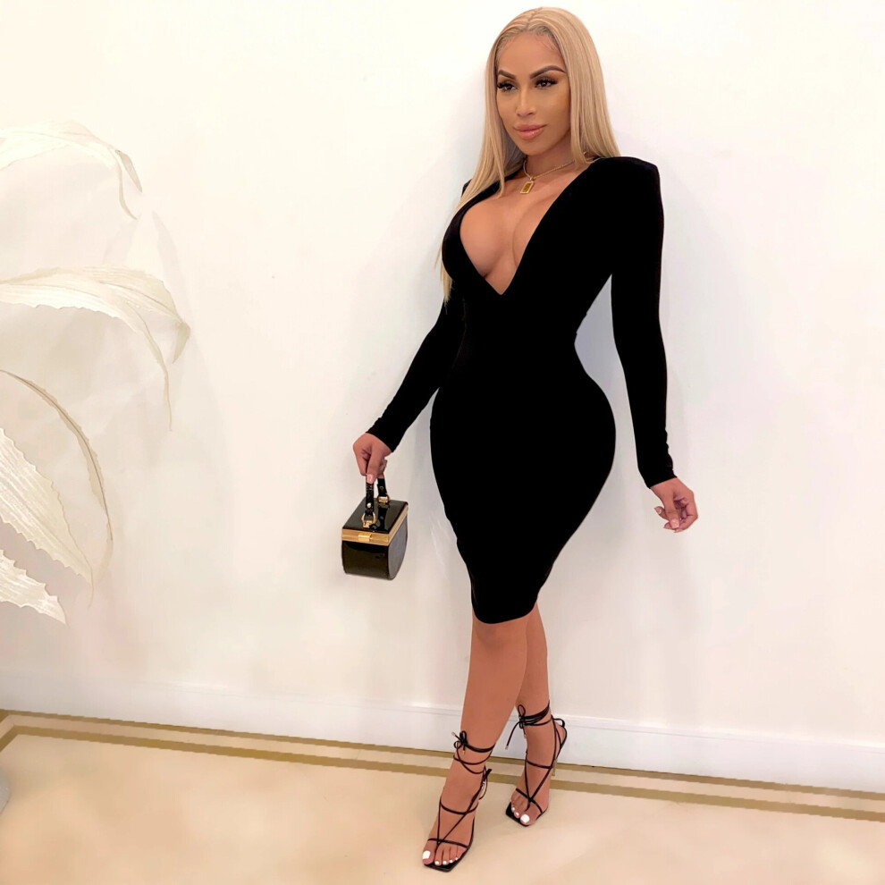 Women Long Sleeve Deep V-neck Bodycon Midi Knee Length Dress Bandage Sexy Club Party Pencil Dresses Vestidos-image-OPC-PBQCG92-NEW